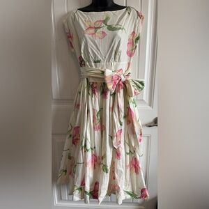 Vintage Floral Bow Tie Waist Boatneck Dress - Off-White with Pink & Green